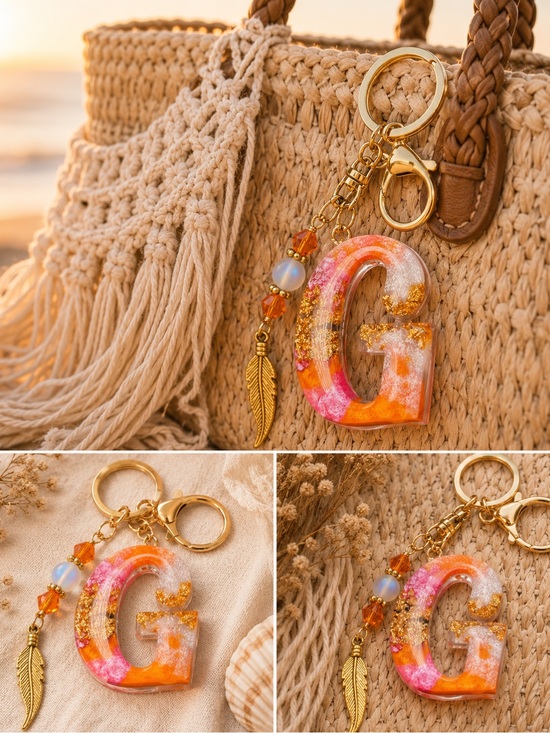 Artisan Handbags - Custom Orange And Pink Initial Letter “G” Keychain with Gold Accents